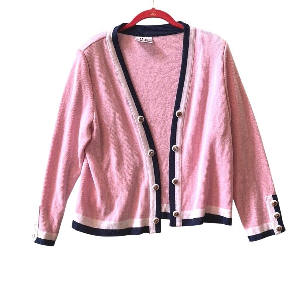 Mita Pink and Navy Blue Buttoned Women's Cardigan Size‎ 14P